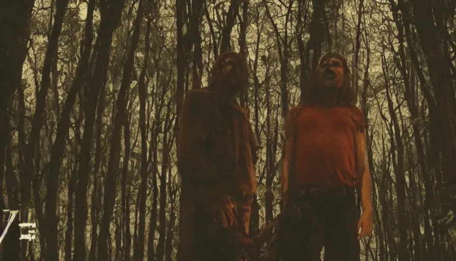 Image similar to 16 mm indie horror film about demons attacking people in the forest