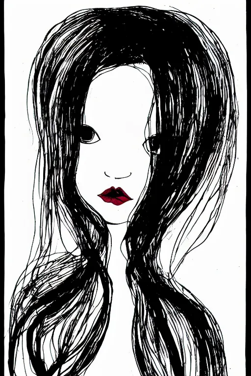 Image similar to ink lineart drawing of a beautiful woman, doll face, big lips, white background, etchings by goya, chinese brush pen, illustration, high contrast, deep black tones contour