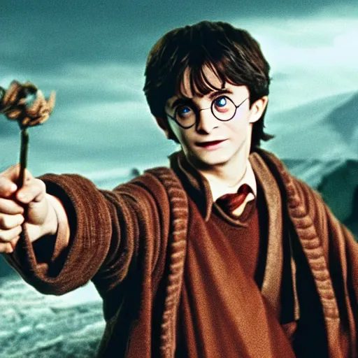 Prompt: harry potter bringing the one ring to mordor