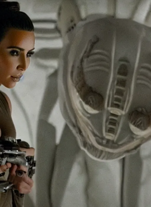 Image similar to movie still of kim kardashian wearing a alien facehugger mask, in the movie alien. cinematic full shot.