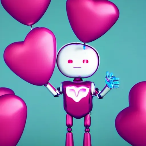 Prompt: a cute robot holding heart balloons photorealistic