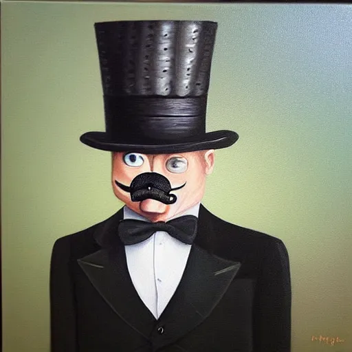 Prompt: “a crocodile wearing a top hat and monocle, dapper, highly detailed, oil on canvas”