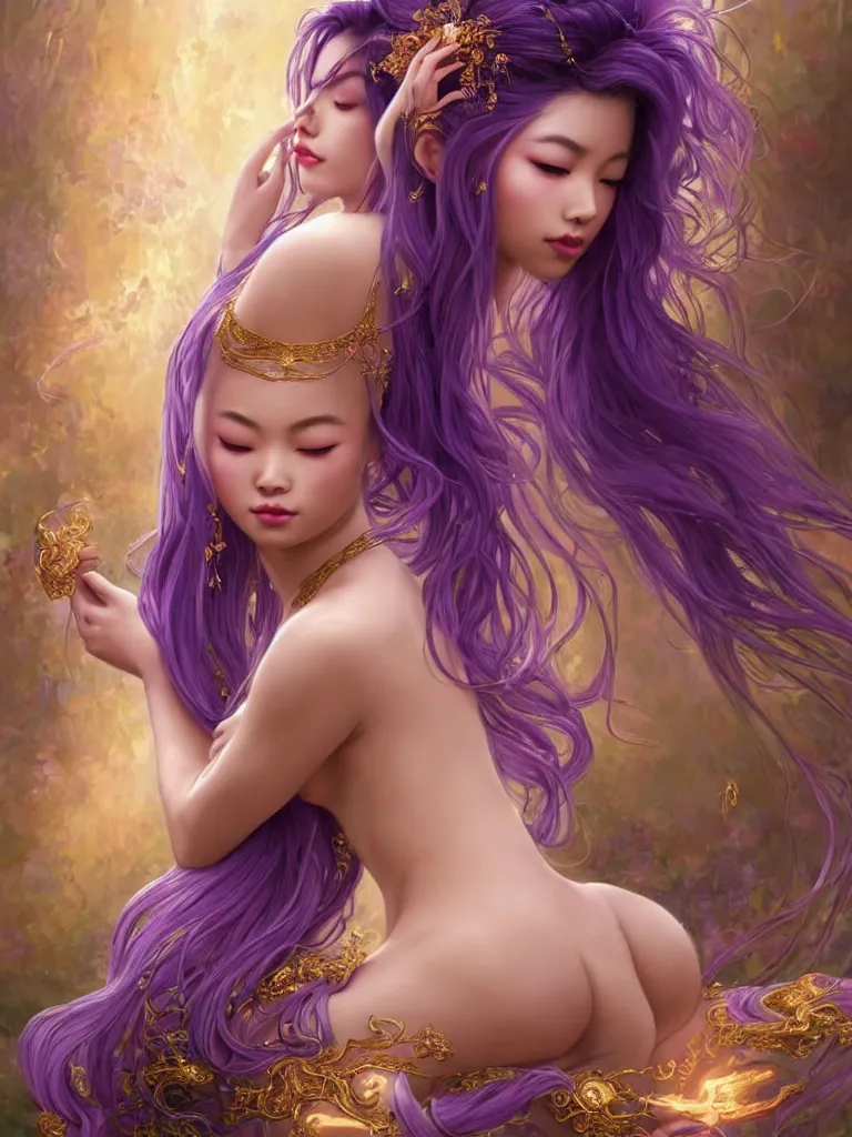 Image similar to asian nymph goddess flowing purple hair twisting in sensual pose with golden tattoes of cursive sigils on her opalescent skin, fantasy, intricate, very beautiful, elegant, golden light, highly detailed, digital painting, artstation, concept art, smooth, sharp focus, unreal engine, art by wlop and tian zi and alphonse mucha