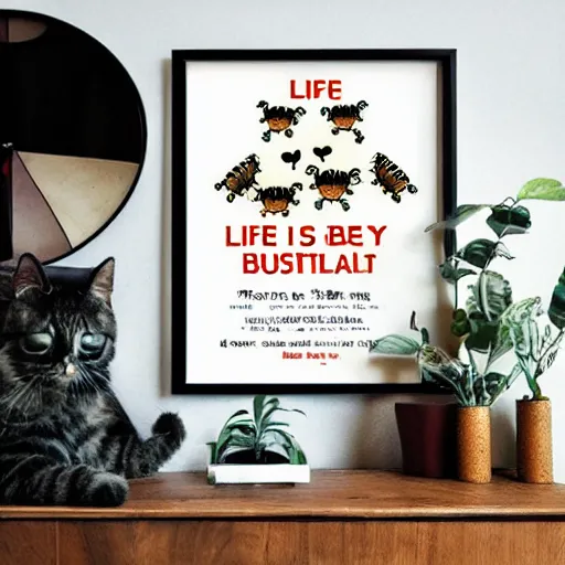 Image similar to “life is beautiful” inspirational poster with caterpillars and cats