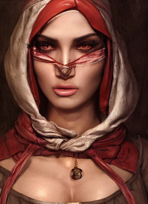 Image similar to Beautiful Arab girl with chest wrapped in bandages, leather, portrait, fantasy, medieval, vivid colors, fantasy, elegant, concept art, sharp focus, beautiful face, digital art, Hyper-realistic, 4K, Unreal Engine, Highly Detailed, HD, Dramatic Lighting by Brom, trending on Artstation