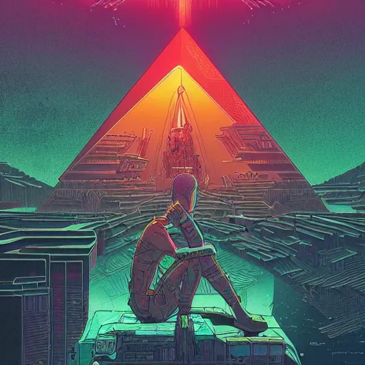 Image similar to Stunningly intricate illustration of a cyberpunk explorer meditating next to a floating triangular glowing monolith, highly detailed, midnight, by Victo Ngai and James Gilleard , Moebius, Laurie Greasley