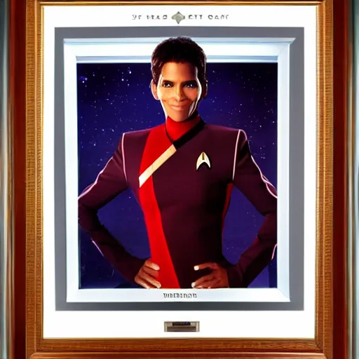 Image similar to a beautiful full body photograph of halle berry as a star fleet admiral from star trek next generation, full dress uniform, symmetrical face, extreme realism and detail, 8 k, completely framed, direct lighting, 3 5 mm photo, photorealistic, sharp focus