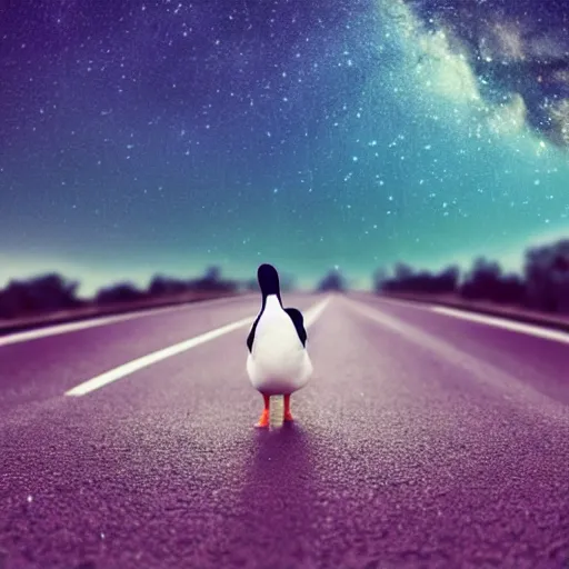 Image similar to a lonely duck walking on the road and looking up at the sky, milky way, starry sky, art station trend