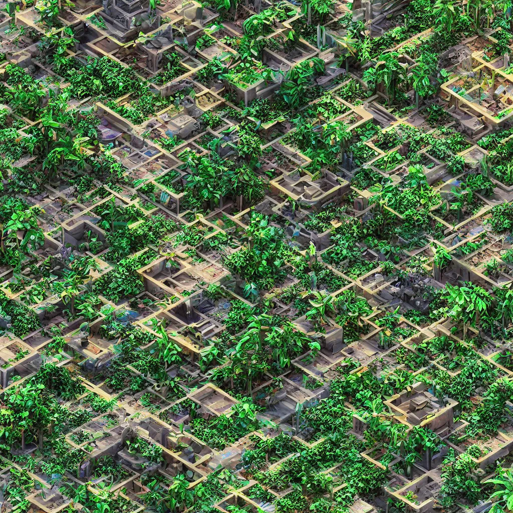 Image similar to Details of an isometric photorealistic render of a solarpunk jungle, babylonian gardens with a quantum computer in the middle of it, interacting with time crystals