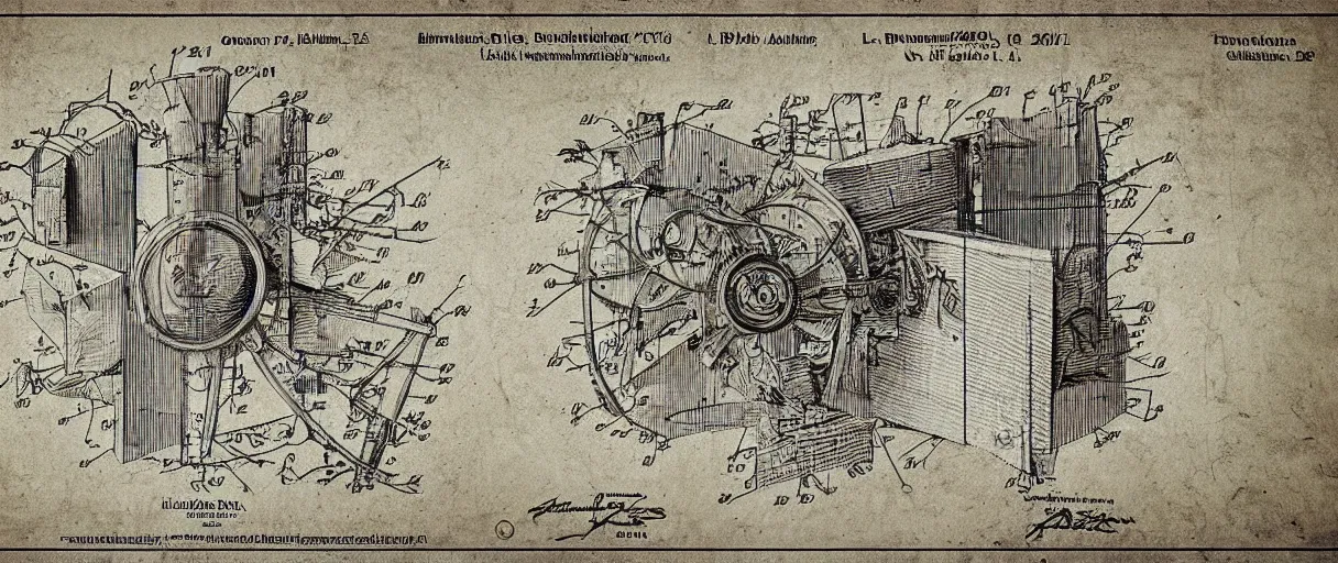 Prompt: a detailed Leonardo DaVinci sketch of a creativity amplification mechanism operated by the human imagination, in the style of a US Patent drawing