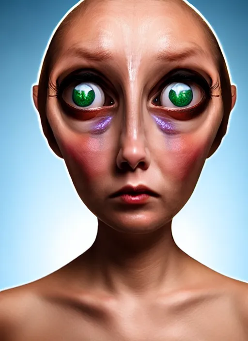Prompt: nervous alien girl with two big cute eyes, the head is tightly wrapped in plastic wrap with a market label on it. high detail, realistic, symmetrical face, photoreal