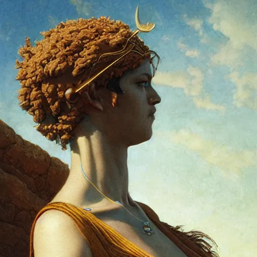 Image similar to Birth of Athena from the head of Zeus, hyperrealism, no blur, 4k resolution, ultra detailed, style of Greg Rutkowski, Carlos Schwabe, Dragan Bibin, Carl Spitzweg, Georges Desvallières, Tyler Edlin, Frank Frazetta