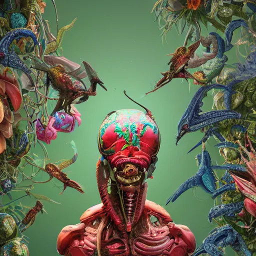 Prompt: head and shoulder portrait of xenomorph alien, surrounded by hummingbirds and fine floral ornaments, eye - level medium - angle shot, floral background, by esao andrews, by m. w. kaluta, by yoshita amano, by giger, moody evening lighting, smooth, 3 d octane render, depth perception, 4 k, artstation