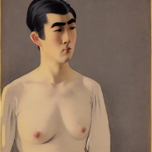 Prompt: full body painting of grumpy handsome thin beautiful man with thick eyebrows in his 2 0 s named min - jun in a french maid outfit, modern clothing, elegant, clear, painting, stylized, delicate facial features, stylized thin lines, soft but grumpy, highly detailed, art, art by egon alphonse yamamoto