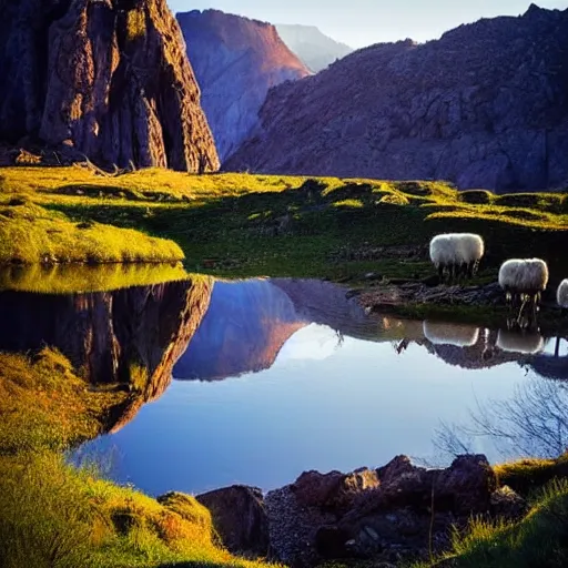 Image similar to a beautiful landscape with a lake and a big monolith, sheep grazing, fractal rock formations, cinematic light, late afternoon, long shadows,