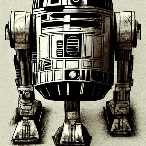 Image similar to a pencil sketch by leonardo davinci of the droid r 2 d 2, machine, sketch, da vinci, old masters, paper,