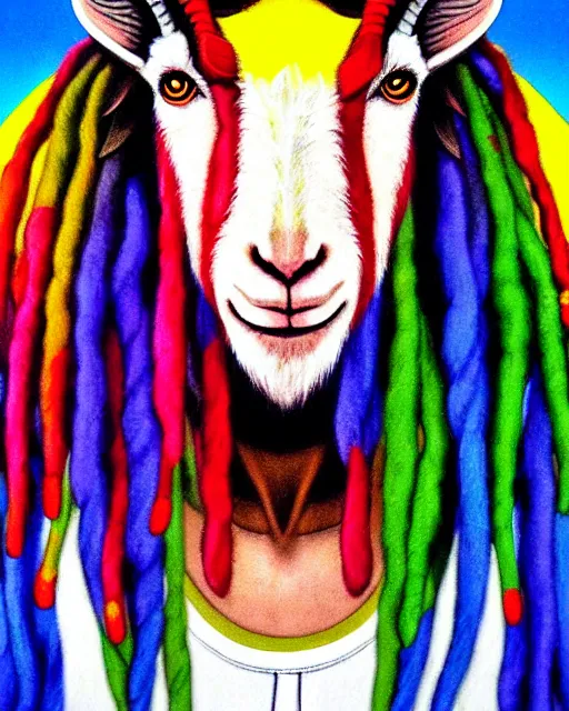 Prompt: portrait Anime 1984 Rasta Goat Goat wearing-rasta-clothes Soft fine face pretty face, realistic shaded Perfect face, fine details. Anime. background: Los-Angeles San-Francisco; hyperrealistic by Ilya Kuvshinov katsuhiro otomo ghost-in-the-shell, magali villeneuve, artgerm, rutkowski Jeremy Lipkin and Giuseppe Dangelico Pino and Michael Garmash and Rob Rey