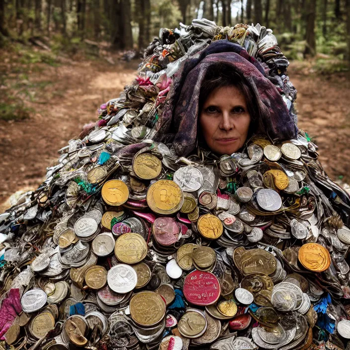 Prompt: closeup portrait of a woman wearing a cloak made of garbage and junk and flowers, standing in a pile of coins, forest, by Annie Leibovitz and Steve McCurry, natural light, detailed face, CANON Eos C300, ƒ1.8, 35mm, 8K, medium-format print