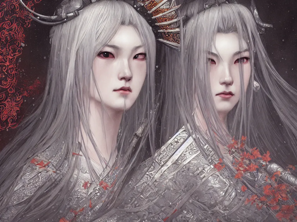 Prompt: portrait grey hair beautiful samurai girl, armor samurai wardrobe, in fired honnoji temple wet night, ssci - fi and fantasy, intricate and very very beautiful and elegant, highly detailed, digital painting, artstation, concept art, smooth and sharp focus, illustration, art by tian zi and wlop and alphonse mucha