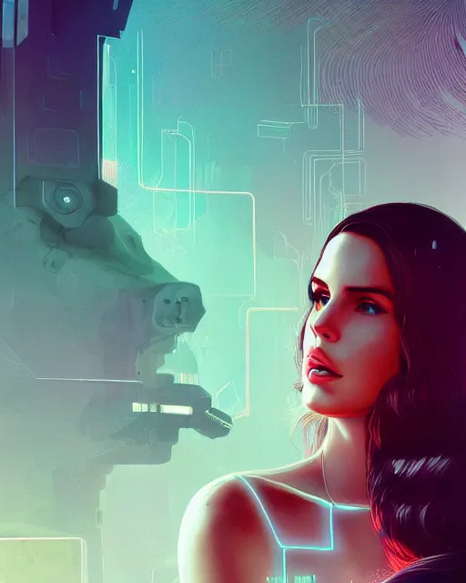 Image similar to portrait of lana del rey as a cyborg. intricate abstract. intricate artwork, by tooth wu, wlop, beeple, dan mumford. concept art, octane render, trending on artstation, greg rutkowski very coherent symmetrical artwork. cinematic, key art, hyper realism, high detail, octane render, 8 k, iridescent accents