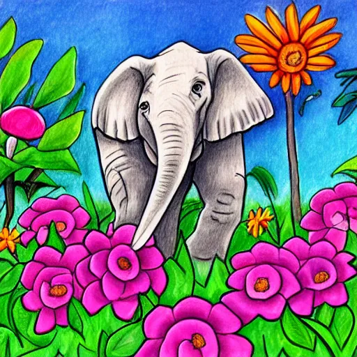 a elephant holding a flower with its trunk on a green, Stable Diffusion