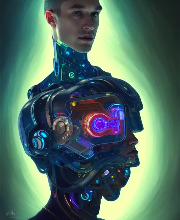 Image similar to a whirlwind inside the metaverse, guy, male, man, hologram, half body, neurochip, android, cyborg, cyberpunk face, by loish, d & d, fantasy, intricate, elegant, highly detailed, colorful, digital painting, artstation, concept art, art by artgerm and greg rutkowski and alphonse mucha