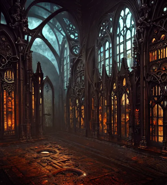 Image similar to steam necropolis, memento mori, gothic, neo - gothic, art nouveau, hyperdetailed copper patina medieval icon, stefan morrell, philippe druillet, ralph mcquarrie, concept art, steampunk, unreal engine, detailed intricate environment, octane render, moody atmospherics, volumetric lighting, ultrasharp, ominous, otherworldly