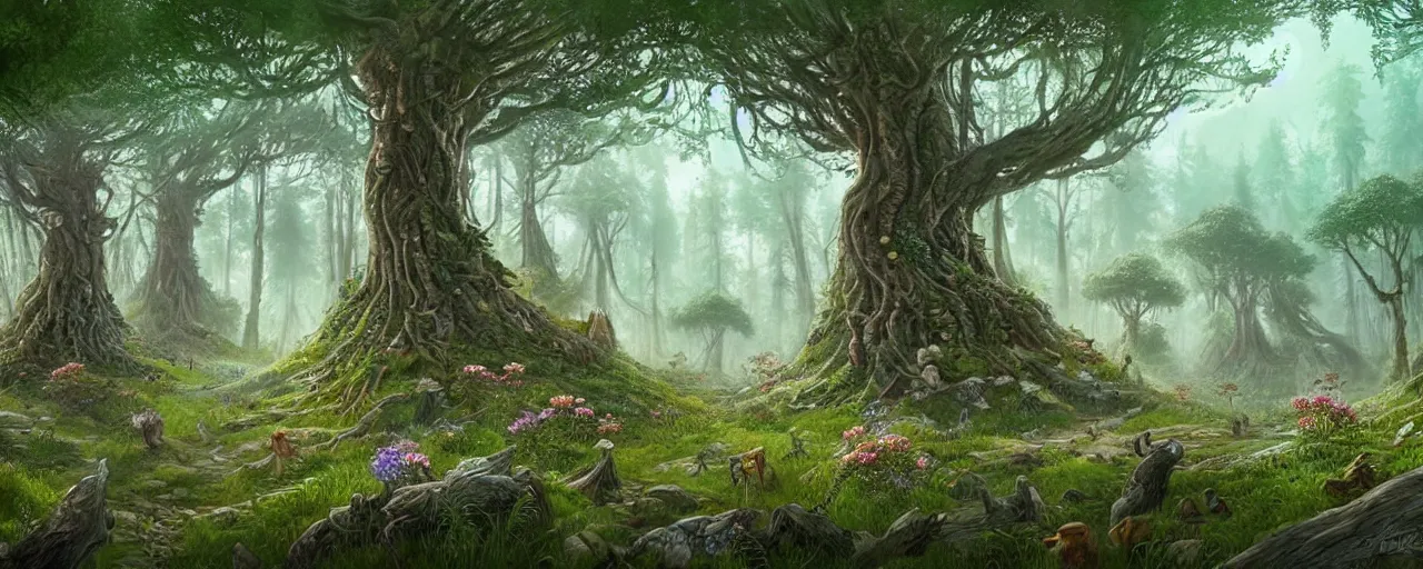 Image similar to an intricate concept art of a fantasy forest, large trees, wild flowers, fluffy creatures, art by ian mcrue, highly detailed