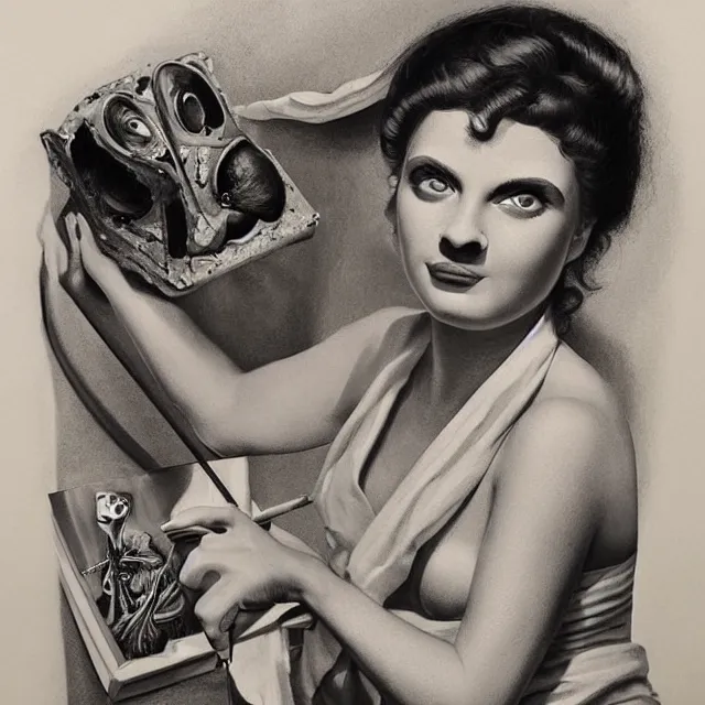 Prompt: pepe the frog artist painting a self - portrait on a canvas. intricate, highly detailed, digital matte painting in the style of alberto vargas and in the style of h. r. giger. irony, recursion, inspiration.