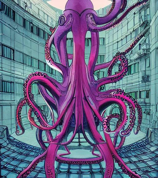 Prompt: a cybernetic octopus in a floating podium, techwear, Industrial Scifi, detailed illustration, character portrait, graffiti art by Martin Grip and Moebius