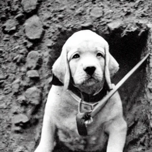 Image similar to Puppy in ww1 trench, war photo, film grain