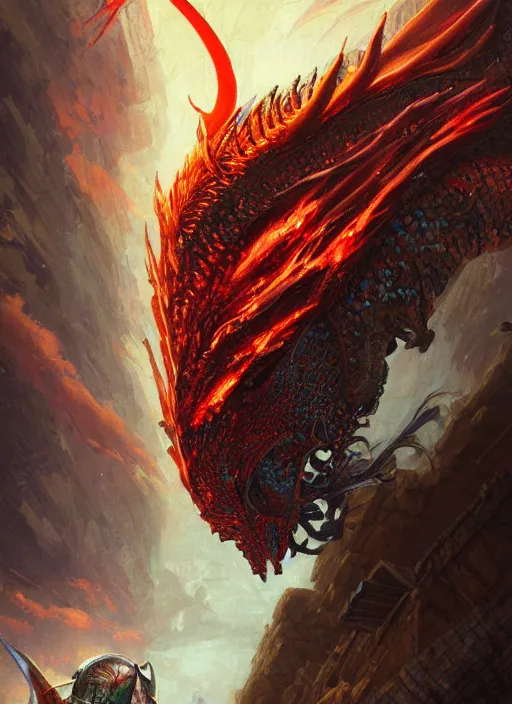 Image similar to highly detailed portrait of knight's helmet reflecting red dragon reflection detailed, 8 k blocking flames fire, green eyes, fantasy art by by simon bisley, loish, rhads, ferdinand knab, makoto shinkai and lois van baarle, ilya kuvshinov, rossdraws, tom bagshaw, global illumination, radiant light, detailed and intricate environment