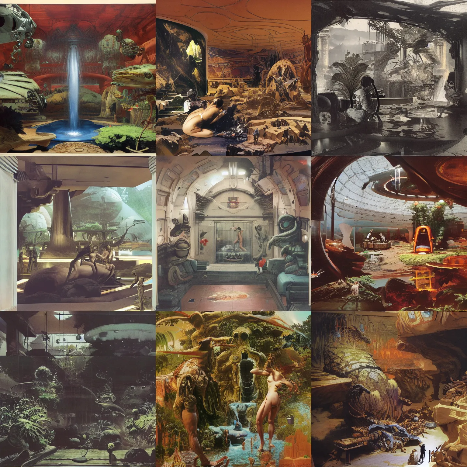 Prompt: interior view asimov mars habitat flora fauna fountain by syd mead, frank frazetta, ken kelly, simon bisley, richard corben, william - adolphe bouguereau