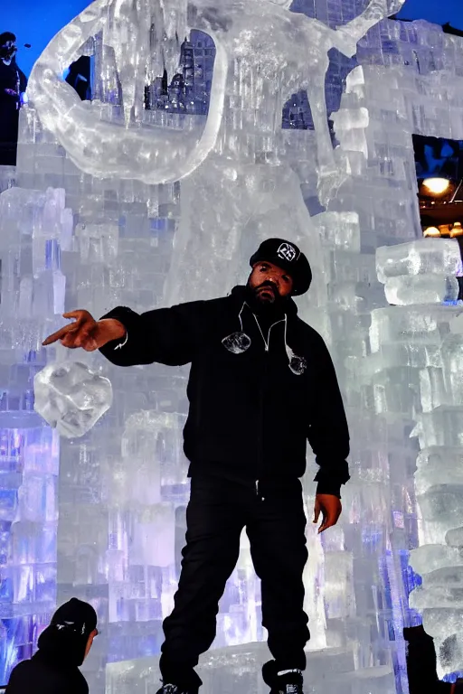 Image similar to dramatic photo, the rapper'ice cube'carving a full body ice sculpture of rapper'ice cube'at harbin ice festival, wide angle photo, award winning, artgerm, wlop, james gurney, trending on artstation