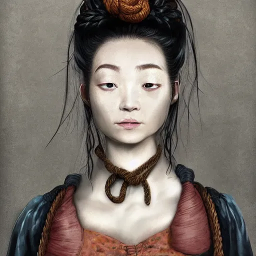 Prompt: portrait of a Shibari rope wrapped face and neck Japanese schoolgirl, headshot, insanely nice professional hair style, dramatic hair color, digital painting, of a old 18th century, traveler, amber jewels, baroque, ornate clothing, scifi, realistic, hyperdetailed, chiaroscuro, concept art, art by Franz Hals and Jon Foster and Ayami Kojima and Amano and Karol Bak,