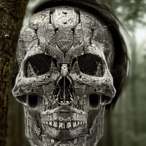 Prompt: very detailed portrait 55mm photo of a mechanical head without skin, with crystal bones and optic fiber nerves, gears in his head and cybernetic enhancements in it's skull. In the forest with bokeh. Ray tracing and tessellation. Very sharp high detailed 8k image