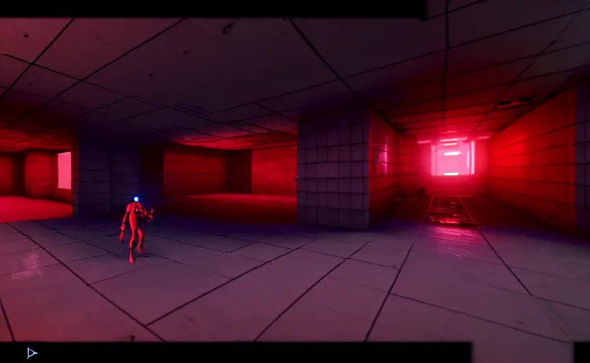 Image similar to in-game screenshot of a dark red hazmat scientist holding a gun walking on unreal engine 5, in a liminal underground garden, retrofuturism, brutalism, staggered terraces, minimalist