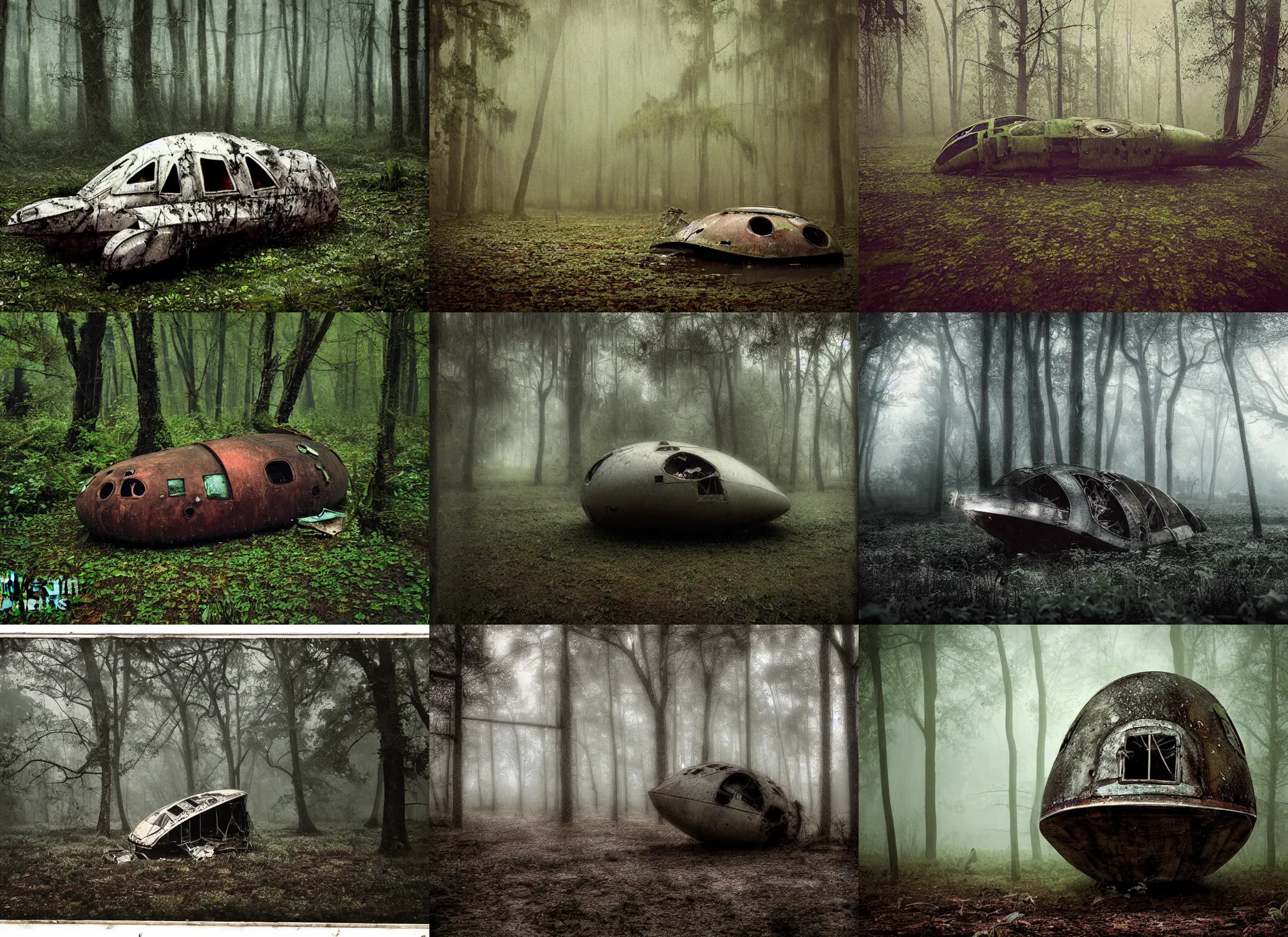 Prompt: 1 7 0 0 s photograph of a crashed abandoned cute spaceship in swamp filled woods, rainy and foggy, soft lighting