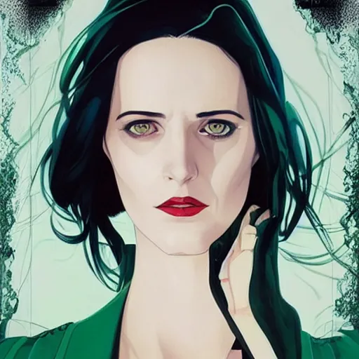 Image similar to Joshua Middleton comic art, wide shot, stunning elegant female Eva Green, spy, eye patch over left eye,beautiful evil smile, symmetrical face, symmetrical eyes, leather clothing, long straight green black hair, full body, Midnight pattern