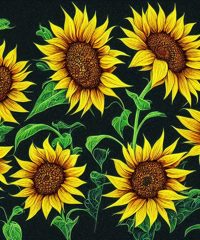 Image similar to perfectly detailed sunflowers, symmetrical, intricate, highly detailed, digital painting, smooth, sharp focus, illustration