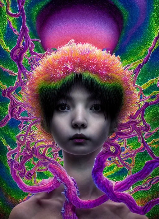 Image similar to hyper detailed 3d render like a Oil painting - kawaii portrait Aurora (ancient black haired Fae acrobat) seen Eating of the Strangling network of yellowcake aerochrome and milky Fruit and Her delicate Hands hold of gossamer polyp blossoms bring iridescent fungal flowers whose spores black the foolish stars by Jacek Yerka, Mariusz Lewandowski, Houdini algorithmic generative render, Abstract brush strokes, Masterpiece, Edward Hopper and James Gilleard, Zdzislaw Beksinski, Mark Ryden, Wolfgang Lettl, hints of Yayoi Kasuma, octane render, 8k