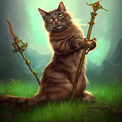 Image similar to fantasy cat holding magical staff, high detail, digital art, concept art,fantasy art, 4k