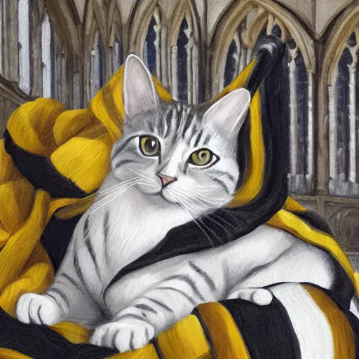 Image similar to oil painting extreme wide shot of a white and grey tabby cat wearing a black yellow striped hufflepuff scarf, in the gloucester cathedral cloisters, digital painting, high detail, award - winning, playful