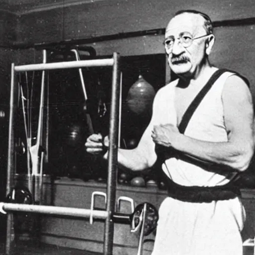 Prompt: Jesus, Einstein, Ghandi, working out at the gym