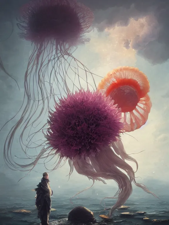 Image similar to a fancy portrait of a giant floating flower and jellyfish by Greg Rutkowski, Sung Choi, Mitchell Mohrhauser, Maciej Kuciara, Johnson Ting, Maxim Verehin, Peter Konig, Bloodborne, beeple, 8k photorealistic, cinematic lighting, HD, high details, atmospheric , trending on artstation. made in Maya, Blender and Photoshop, octane render, excellent composition, cinematic dystopian brutalist atmosphere, dynamic dramatic cinematic lighting, aesthetic, very inspirational, arthouse. y Greg Rutkowski, Ilya Kuvshinov, WLOP, Stanley Artgerm Lau, Ruan Jia and Fenghua Zhong