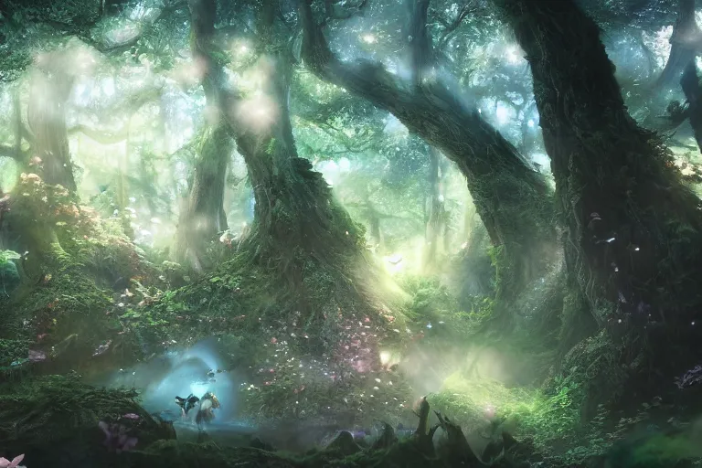 Prompt: fairy kingdom forest, miyazaki, nausicaa, ambient lighting, intricate, hyper detailed, smooth, dynamic volumetric lighting, cinematic, high quality, high resolution, 4 k