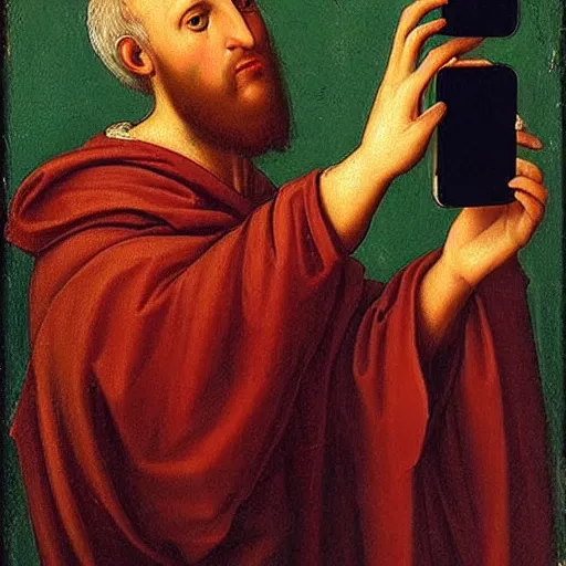 Image similar to renaissance oil painting, monk prophet holding the holy iphone mobile phone of god taking a selfie