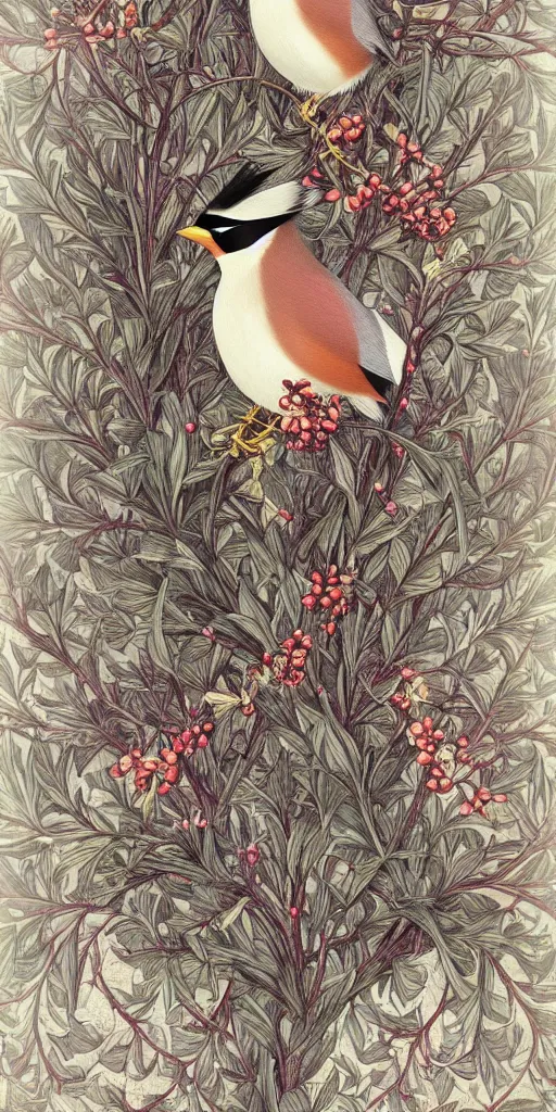 Prompt: ethereal Bohemian Waxwing bird, Bombycilla garrulus :: intricate details, ornate, detailed illustration, octane render :: Johanna Rupprecht style, William Morris style :: trending on artstation