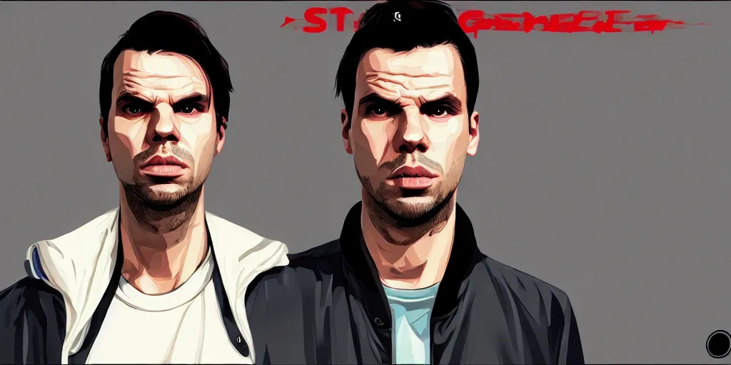 Image similar to Orelsan in a GTA V loading screen, symmetrical face, in the style of Stephen Bliss, trending on artstation