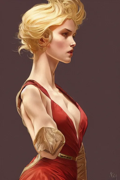 Image similar to a girl wearing a golden dress, grey hair, red necktie, cinematic, stunning, highly detailed, digital painting, artstation, smooth, hard focus, full body shot, illustration, art by artgerm and greg rutkowski and alphonse mucha